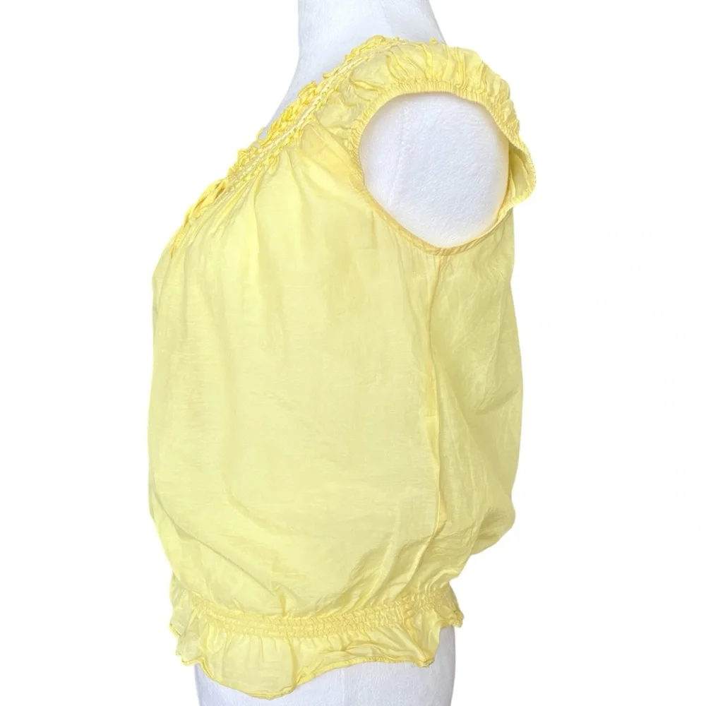 Coco Cabana Yellow Smocked Neck Cap-Sleeve Sheer Top Silk Cotton Blend XS - Picture 4 of 8